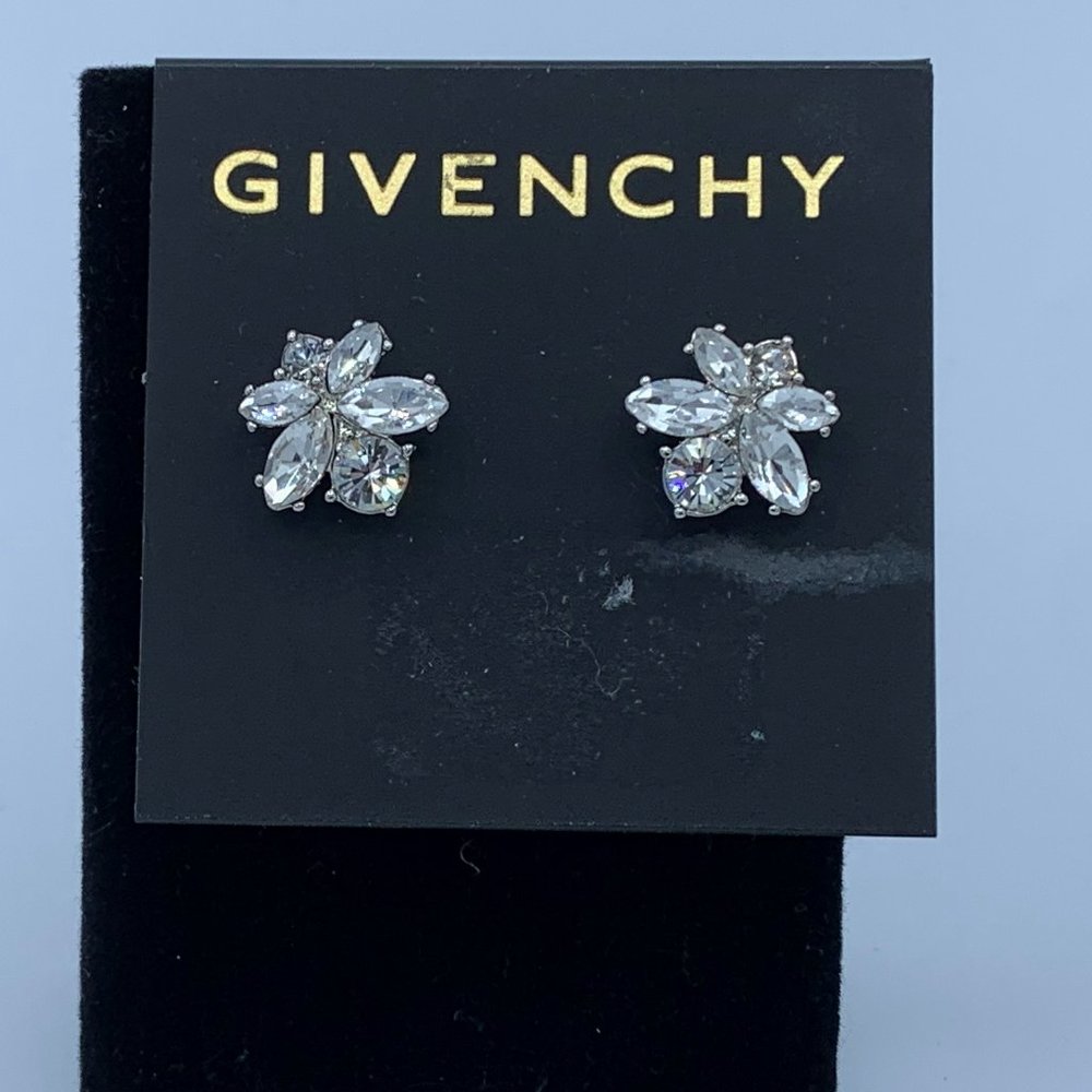 Silver Toned Clear Crystal Flower Studs - Picture 1 of 2